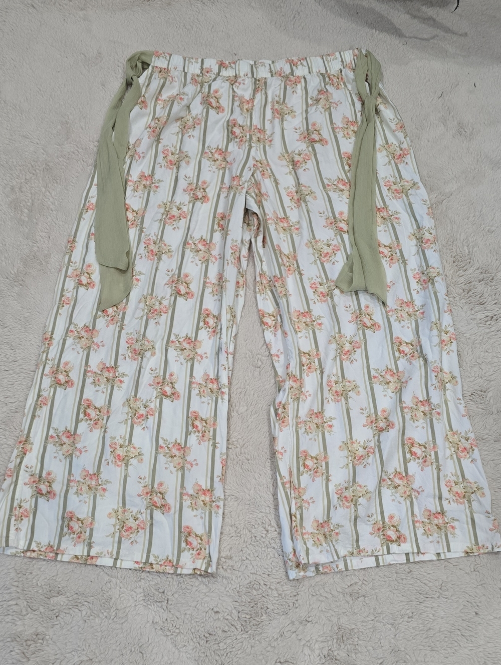 White Floral Stripe Wide-Leg Pants with Sage Ties